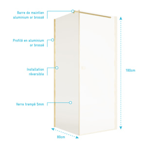 Retour pour Porte de Douche 80x180 cm Verre Trempe 5mm - Finition Or Brosse - GOLD ELEMENTARY