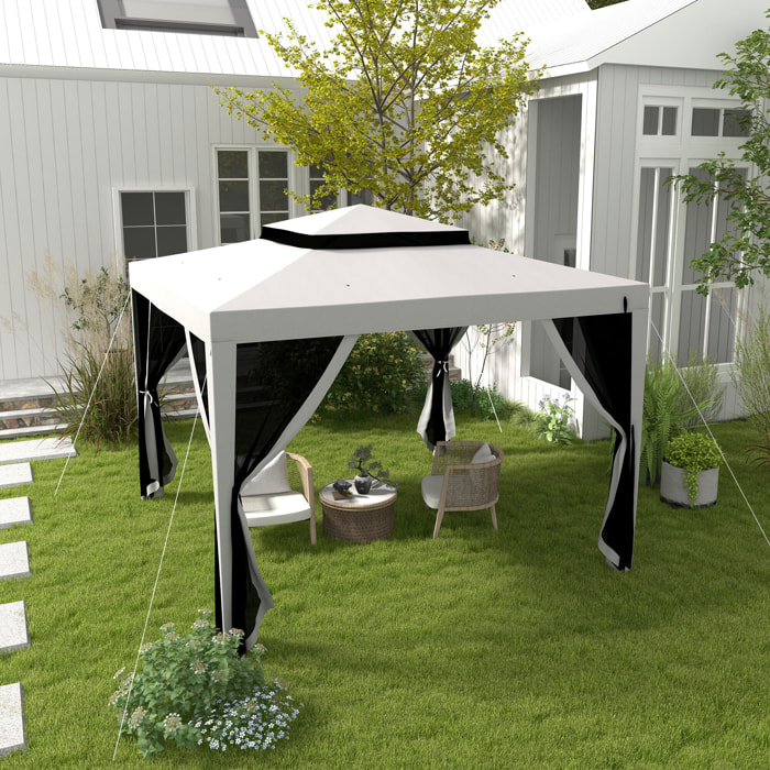 Carpa de Jardín 3x3 m Cenador Gazebo con 4 Mosquiteras Laterales Techo Doble 8 Orificios de Drenaje y Marco de Metal para Terraza Patio Exterior Gris