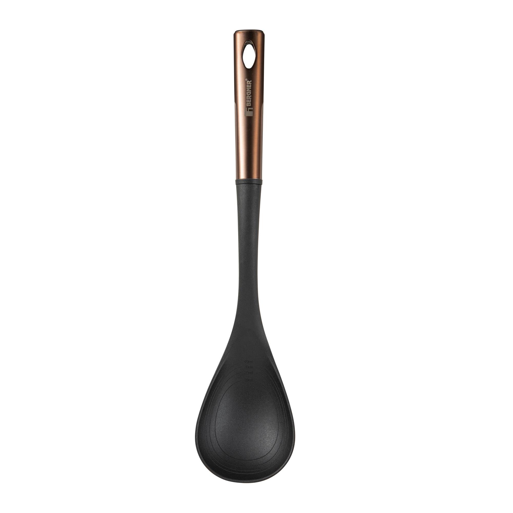 set de 3 utensilios de cocina: espátula ranurada, cuchara y cuhcarón en pbt negro y cobre