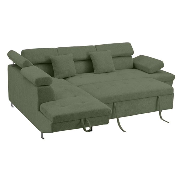 Margaux - Canapé d'angle gauche 5 places convertible avec coffre et têtières réglables en velours texturé - Vert