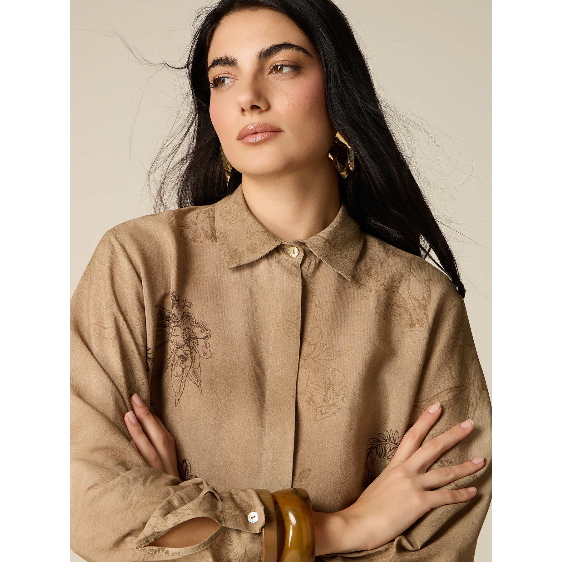 Oltre - Camicia in crêpe di viscosa fantasia - Marrone