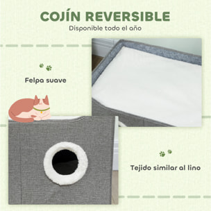 Casa para Gatos Plegable, Cama para Gatos con Rascador, 3 Entradas, Bola Colgante, Cojín Reversible en Felpa y Tipo Lino, para Interior, 60x40X34 cm, Gris