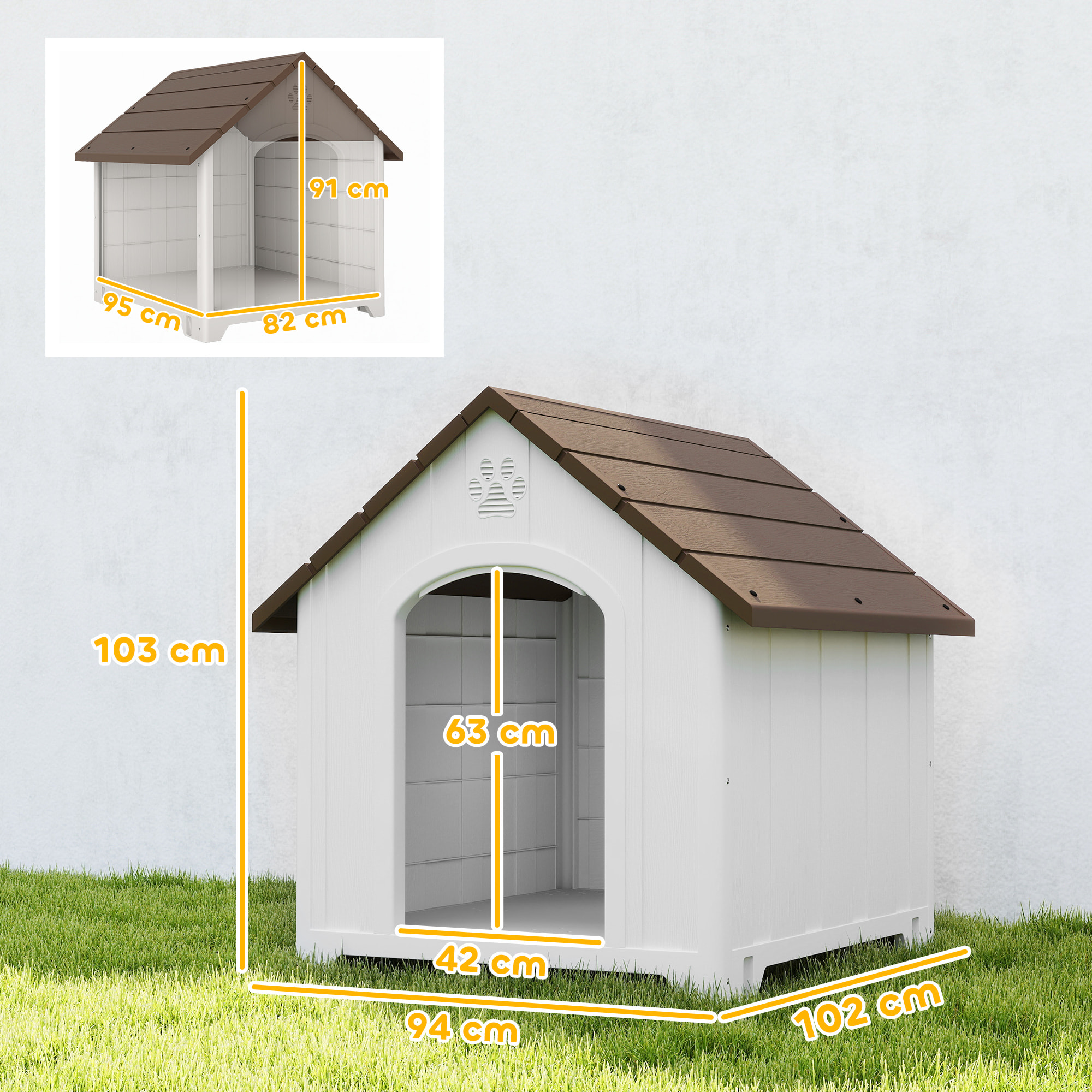 Caseta para Perros Exterior, Casa para Perros Extragrandes de Plástico Impermeable con 2 Ventanas, Base Elevada, Estacas, Fácil de Montar, 102x94x103 cm, Marrón Oscuro