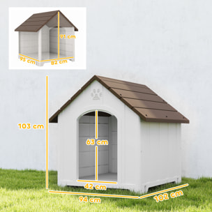 Caseta para Perros Exterior, Casa para Perros Extragrandes de Plástico Impermeable con 2 Ventanas, Base Elevada, Estacas, Fácil de Montar, 102x94x103 cm, Marrón Oscuro