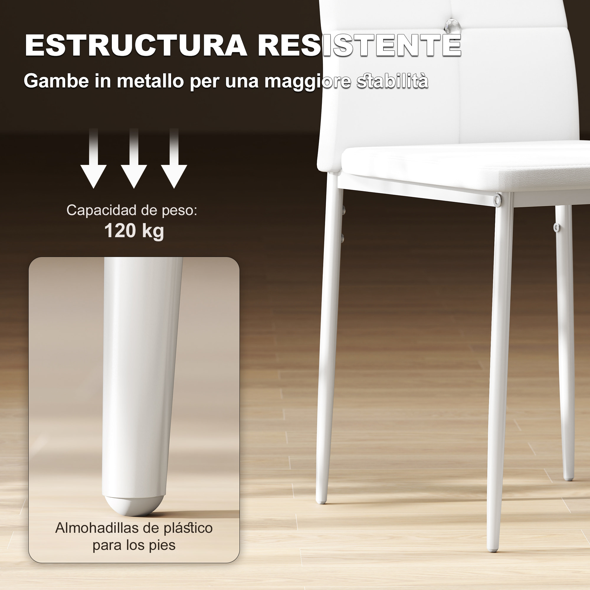 Juego de 6 Sillas de Comedor Tapizada en PU Sillas de Cocina con Respaldo Alto con Botones y Patas de Acero Diseño Moderno para Salón Dormitorio Blanco