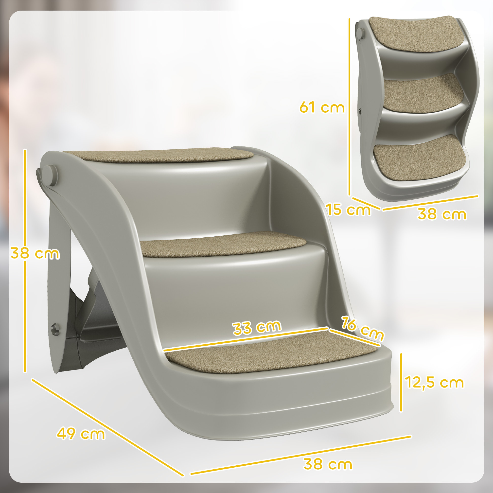 Escalera para Perros Pequeños Plegable de 3 Peldaños, Escalones para Mascotas con Alfombras Antideslizantes, Rampa para Perros para Cama, Sofá, Gris