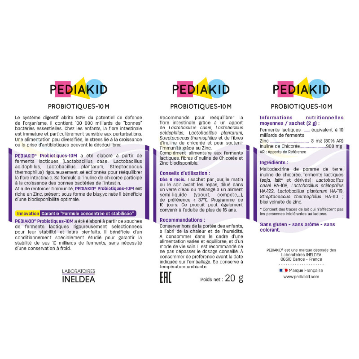 PEDIAKID - PROBIOTIQUES-10M - Rééquilibre la flore intestinale - Apporte 10 milliards de ferments lactiques - Soutient l'immunité - Dès 6 mois - Lot de 3