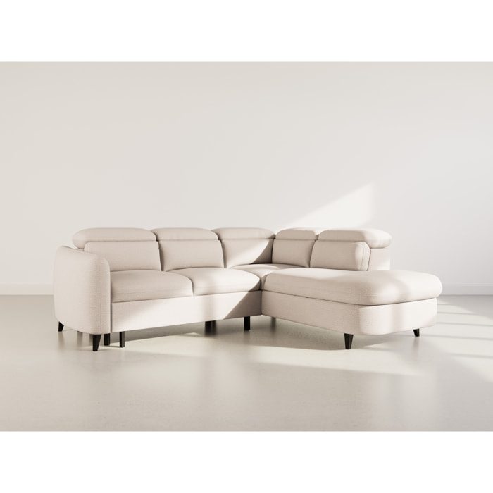 Opaline - Canapé d'angle droit 5 places convertible avec têtières et coffre en tissu texturé - Beige