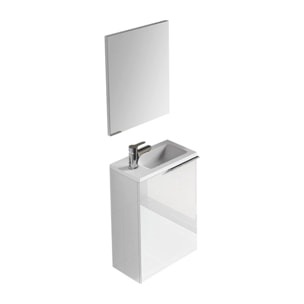 Mobile sottolavabo Peoria, Mobiletto per bagno sospeso, Armadio a 1 anta con specchio e lavabo, cm 40x22h58, Bianco lucido