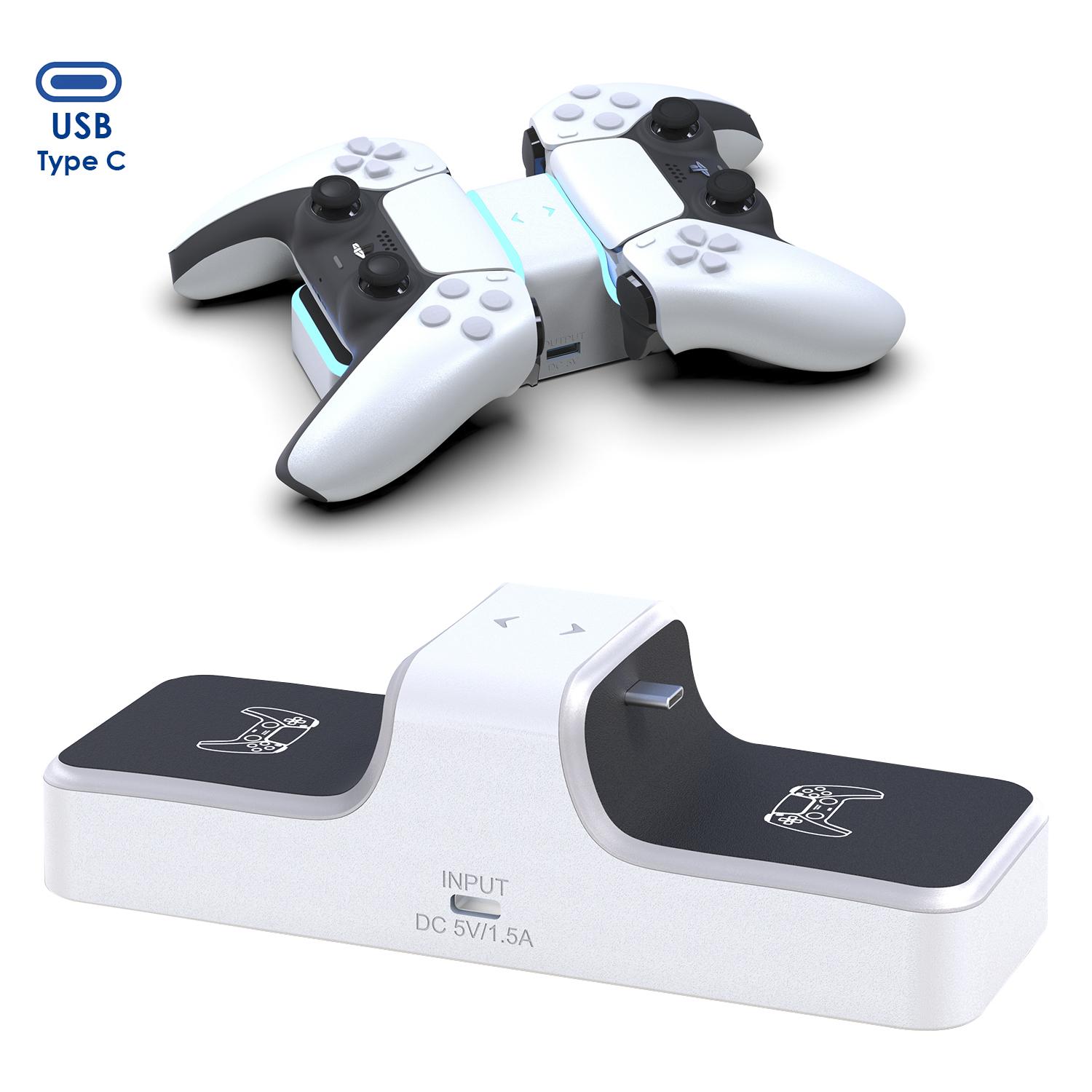 Cargador dual para 2 mandos de PS5. Incluye salida de carga USB.