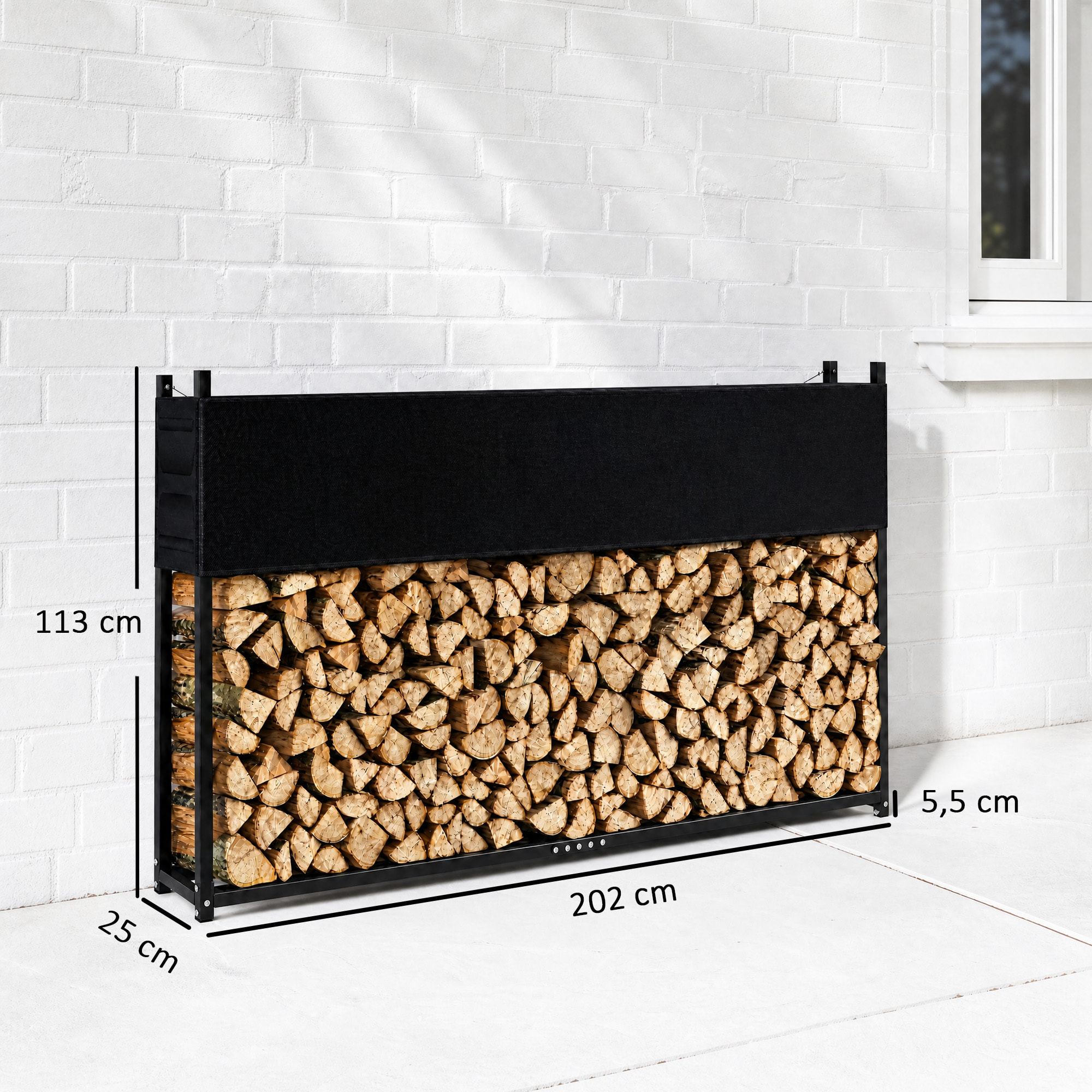 Outsunny Estante de Leña con Funda Oxford 600D y Cables, Leñero Exterior de Acero Galvanizado Robusto, Carga 500 kg, para Interior y Exterior, Jardín, Terraza, 202x25x113 cm, Negro