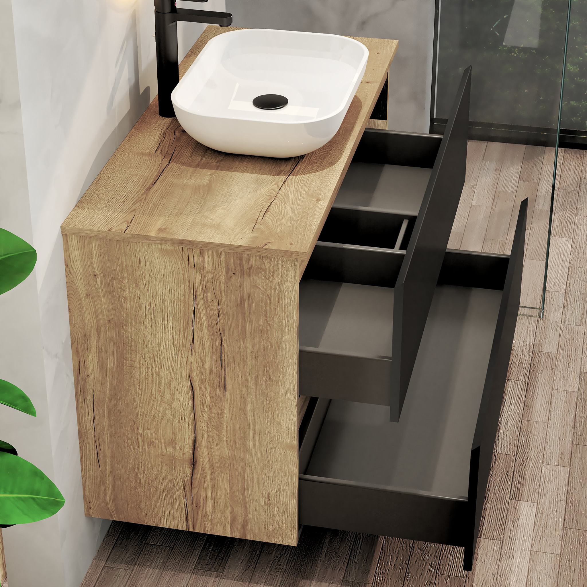 CONJUNTO DE BAÑO NIA | MUEBLE SUSPENDIDO | 100 CM NEGRO | DOS CAJONES | LAVABO SOBREPUESTO | NO INCLUYE ESPEJO | MUEBLE MONTADO| ALDAY