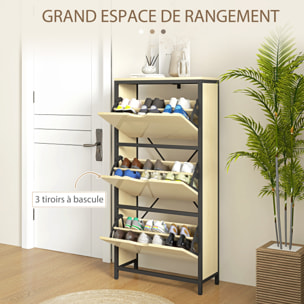 Meuble à chaussures 3 portes abattants - étagères réglables - dim. 60L x 24l x 124H cm - acier noir aspect bois