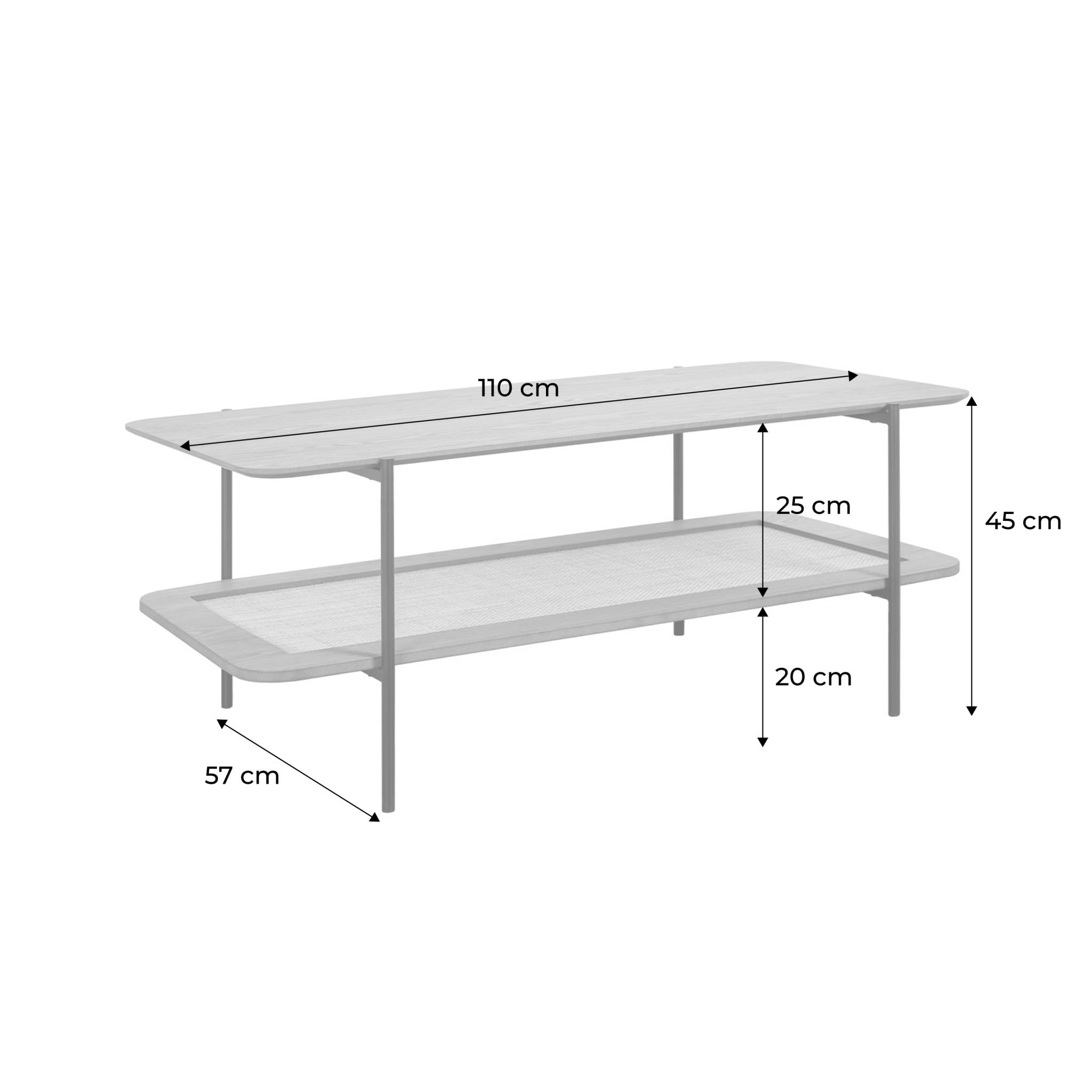 Table basse vintage 110 cm coloris naturel. double plateaux effet bois et cannage. piètement et structure en métal noir