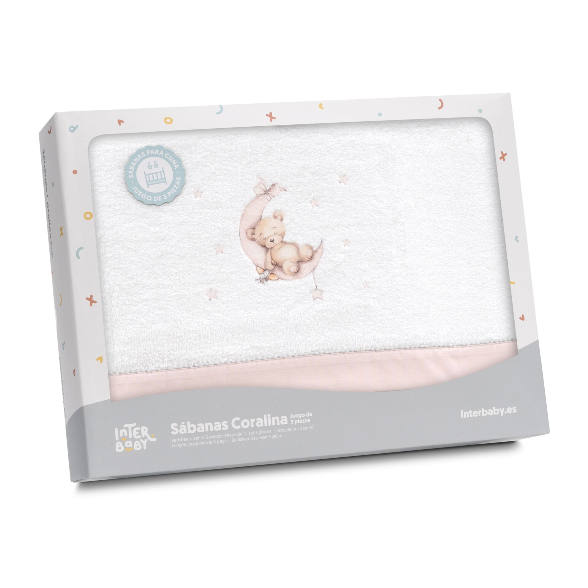 Triptico Minicuna Coralina Estampado Oso Luna Estrellas Bco/Rosa
