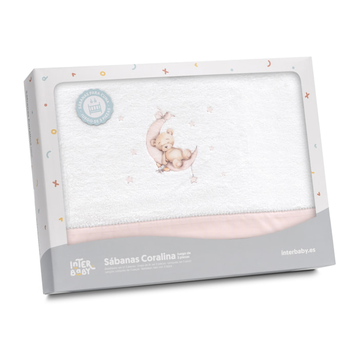 Triptico Minicuna Coralina Estampado Oso Luna Estrellas Bco/Rosa