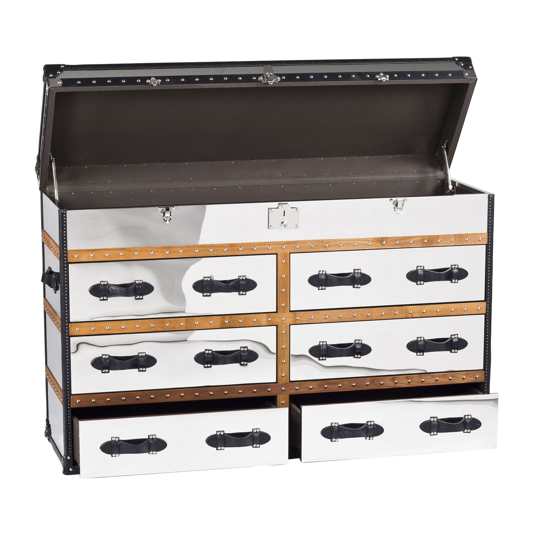 Commode 6 tiroirs en acier inoxydable et cuir  ILLIADE