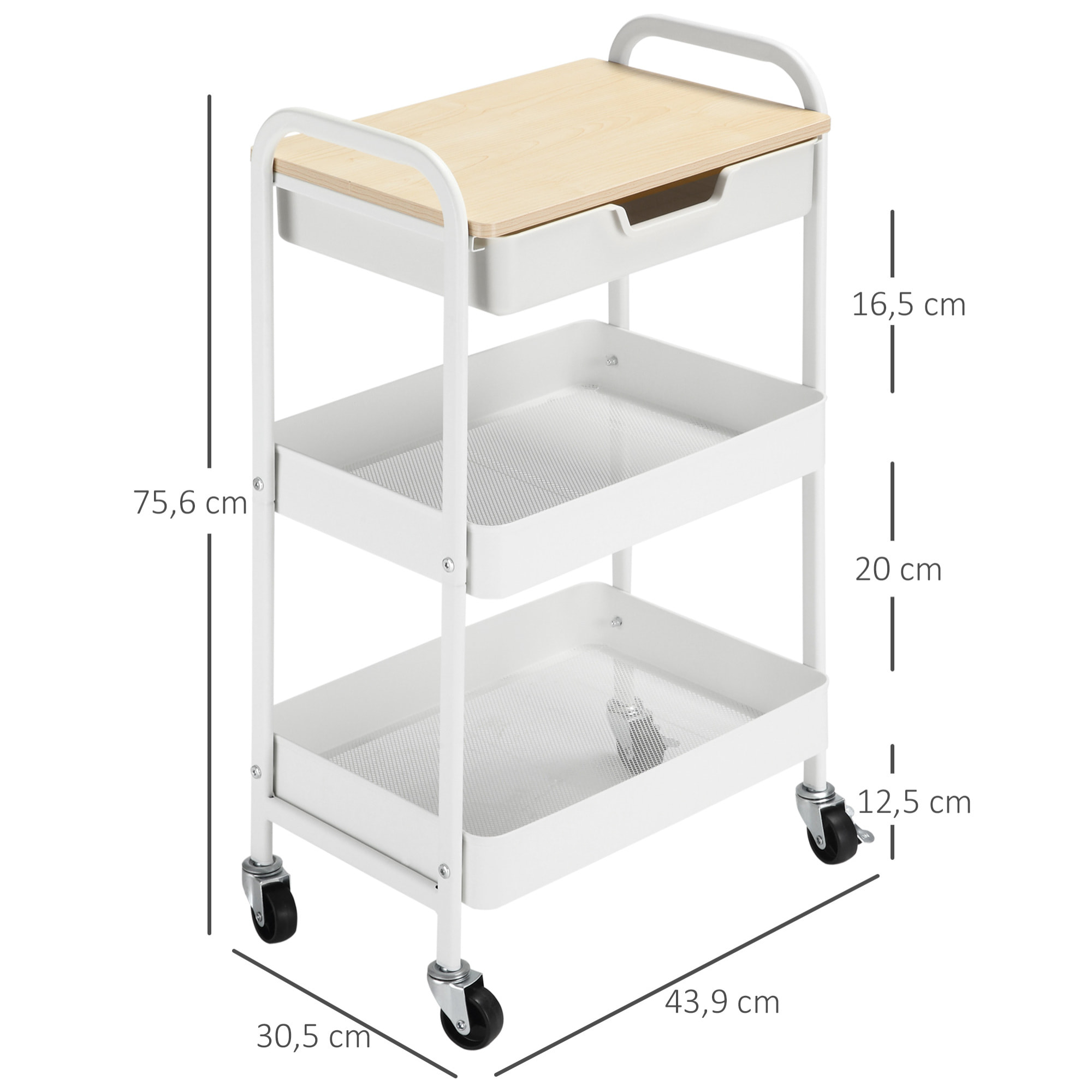 HOMCOM Carrito de Cocina con Ruedas Carro de Almacenamiento con Cajón Extraíble 2 Cestas y Frenos para Baño Salón Dormitorio 43,9x30,5x75,6 cm Blanco