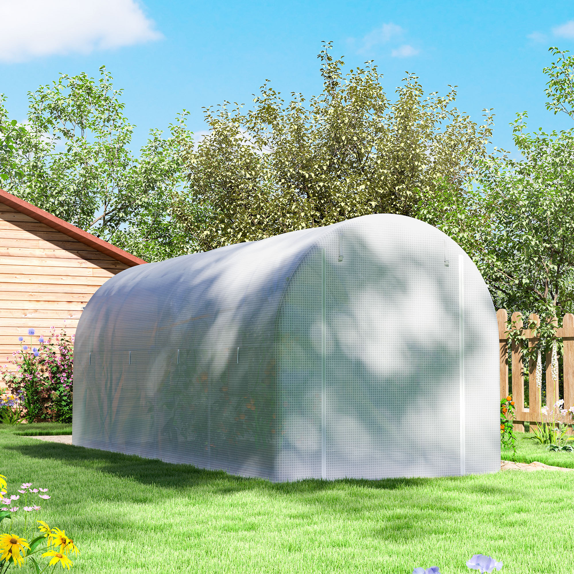Invernadero de Túnel 500x200x205 cm Invernadero de Jardín con Puerta Enrollable y 8 Ventanas Cubierta PE 140 g/m² Marco de Metal para Cultivo Plantas Verduras Blanco