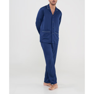 Pijama hombre tejido jaquard cuadritos, abierto con botones, con bolsillos de plastón, manga larga y pantalón largo