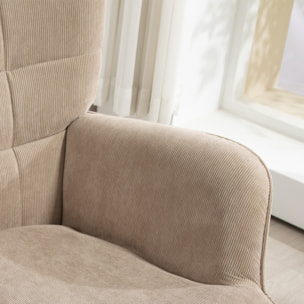 Fauteuil à oreilles et son repose-pieds piètement bois velours côtelé dossier effet capitonné marron clair