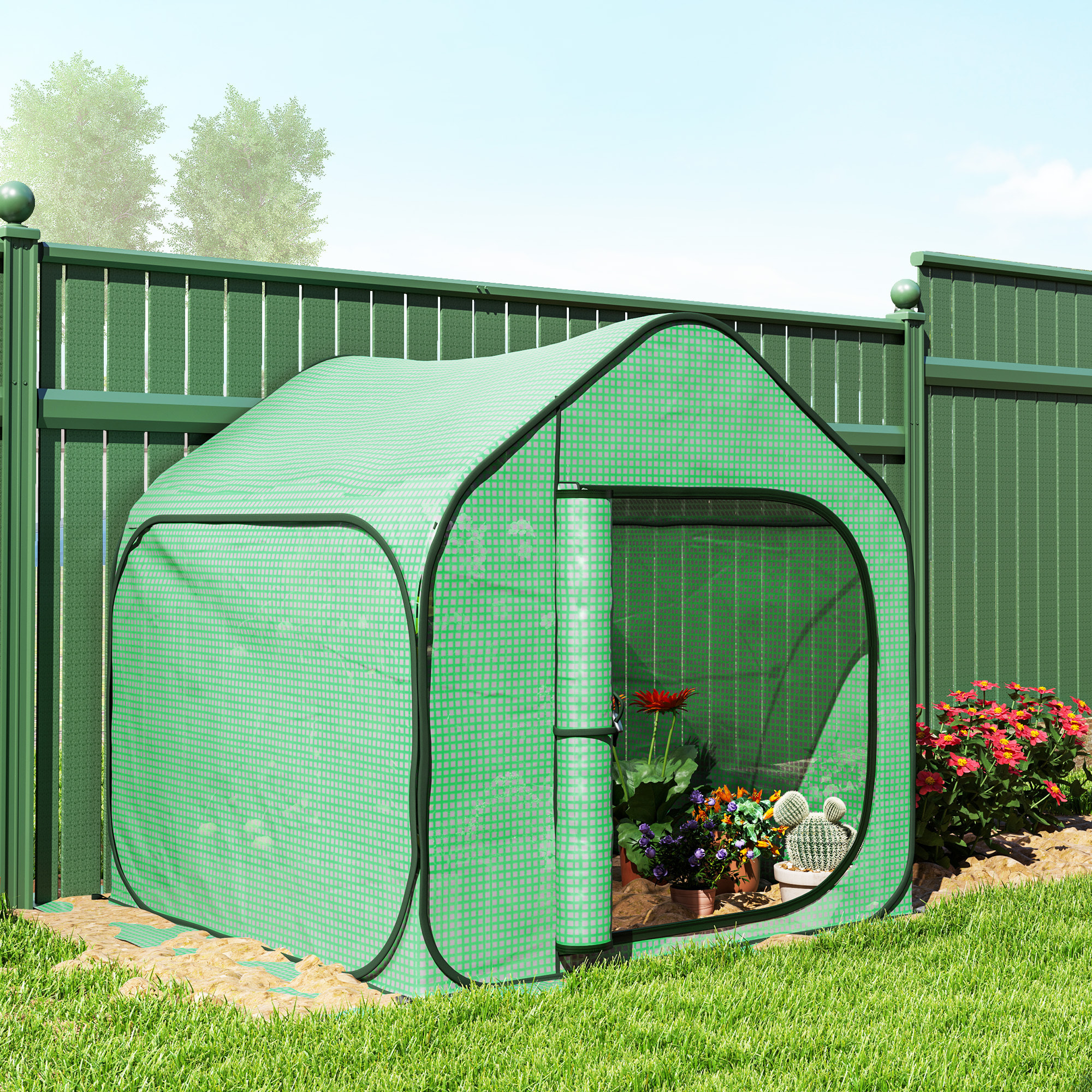 Mini serre de jardin pop up - porte zippée - dim. 150 x 148 x 148 cm - acier PE vert