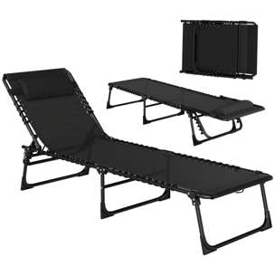 Bain de soleil transat pliable dossier inclinable multi-positions acier thermoplastique lacets élastiques noir textilène noir