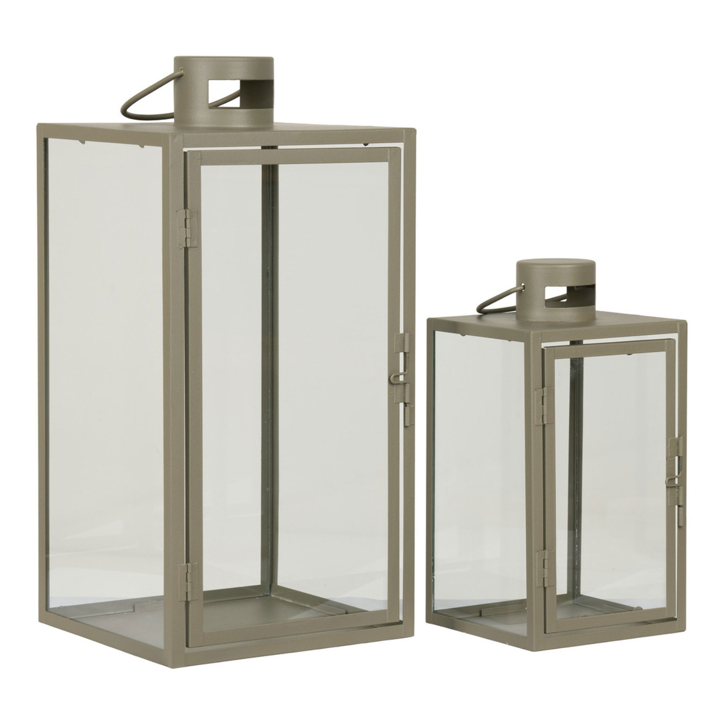 Set 2 lanterne in metallo e vetro Corfu — verde salvia, misure graduate