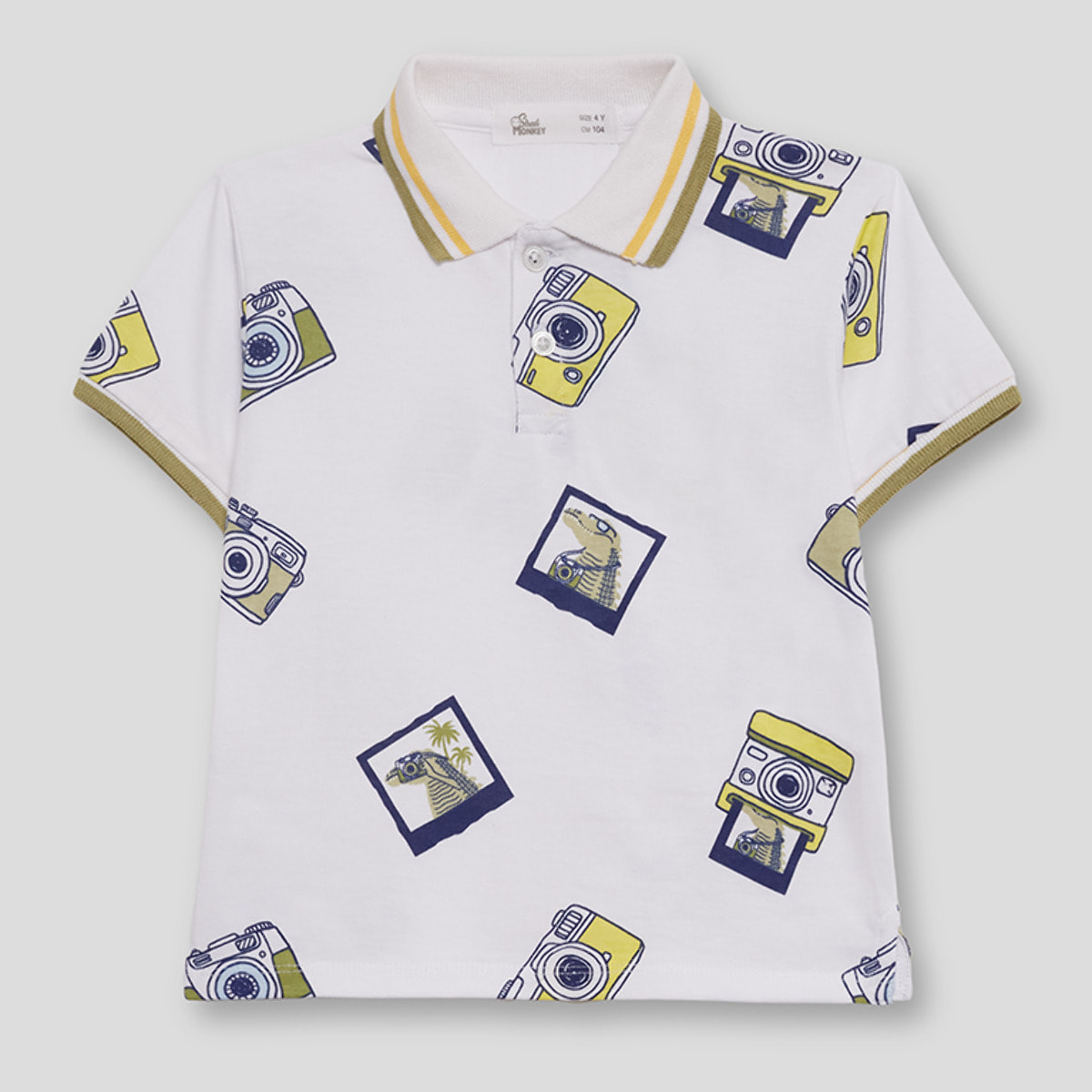 Polo Niño Blanco con Estampado de Cámaras y Detalles en Amarillo y Azul 100% Algodón | Color: Estampado | Street Monkey