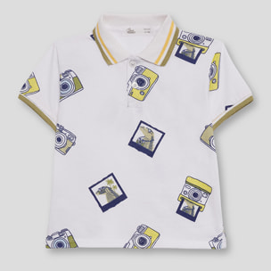 Polo Niño Blanco con Estampado de Cámaras y Detalles en Amarillo y Azul 100% Algodón | Color: Estampado | Street Monkey