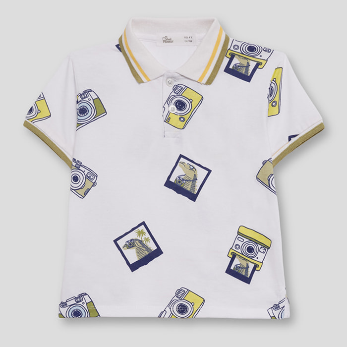 Polo Niño Blanco con Estampado de Cámaras y Detalles en Amarillo y Azul 100% Algodón | Color: Estampado | Street Monkey