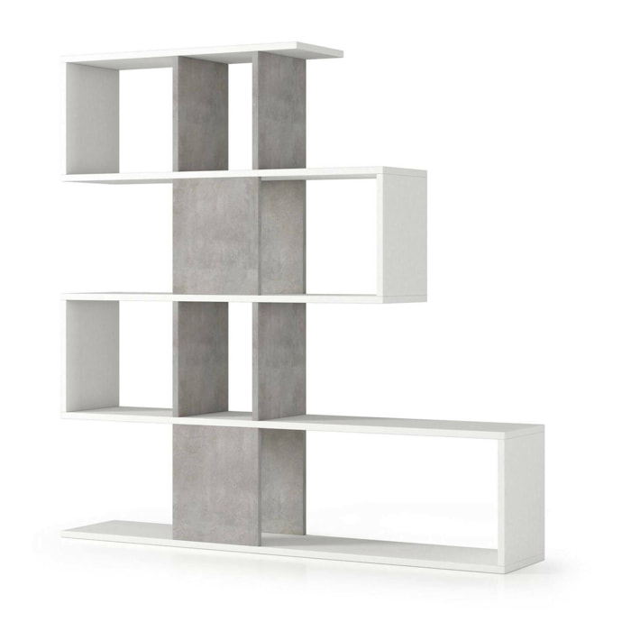 Libreria Allison, Biblioteca bifacciali a 5 ripiani, Scaffale a zig zag per libri, Mobile da parete con ripiani, 100% Made in Italy, 145x29h145 cm, Bianco e Cemento