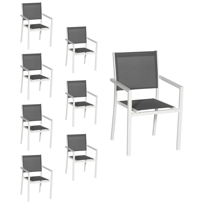 Lot de 8 chaises en aluminium blanc - textilène gris