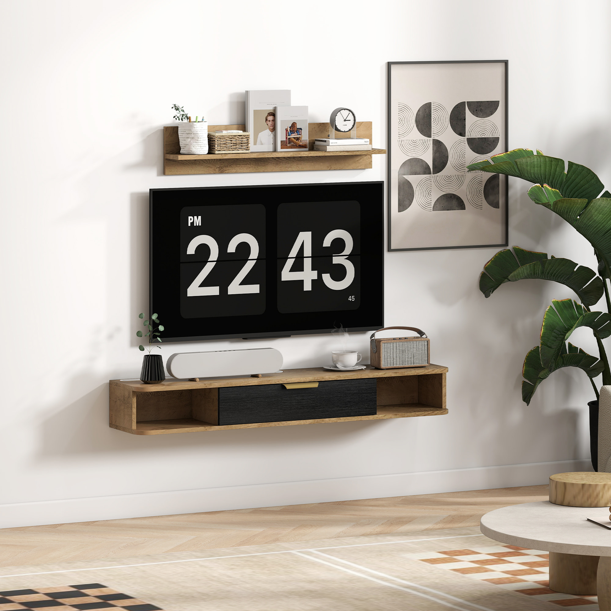 Conjunto de Muebles de Salón, Muebles de TV con Estante de Pared, Puerta, Estantes Abiertos, Orificios para Cables, para Televisión de Pared, 120x24x16 cm, Roble