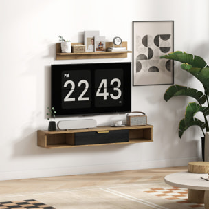 Conjunto de Muebles de Salón, Muebles de TV con Estante de Pared, Puerta, Estantes Abiertos, Orificios para Cables, para Televisión de Pared, 120x24x16 cm, Roble