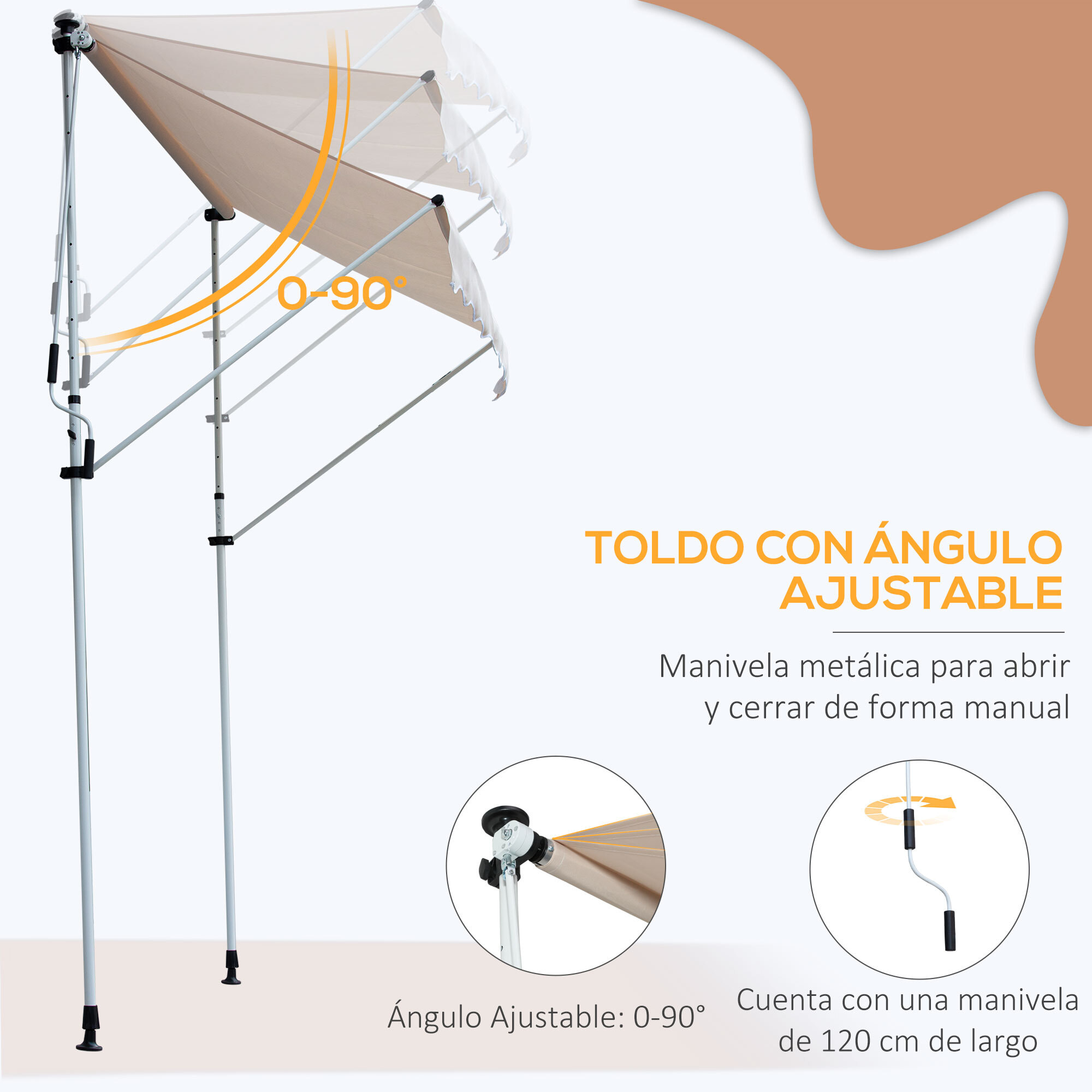 Toldo Manual Retráctil 200x150x170-280cm con Manivela para Terraza Balcón Beige