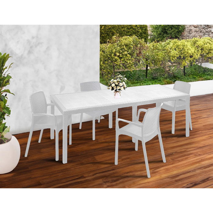 Set salotto da esterno Arret, Ripiano allungabile da esterno con 4 sedie, Tavolo e sedute da giardino effetto rattan, 100% Made in Italy, Bianco