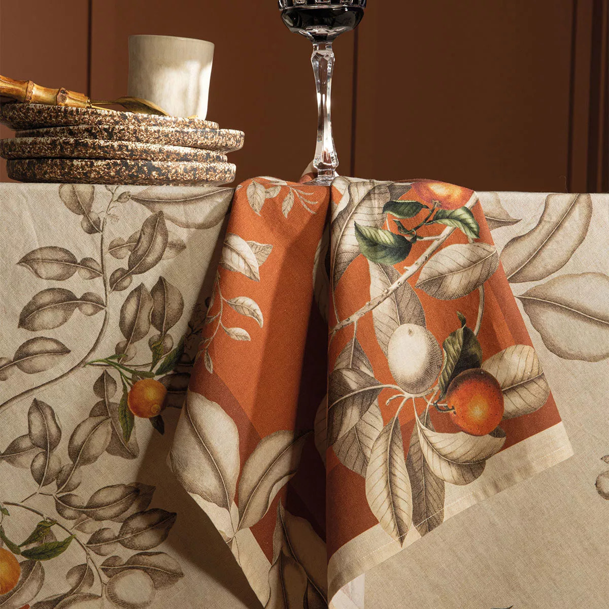 Serviette métis lin & coton lavé 190 g/m² imprimé beige orange Mandarines rouille