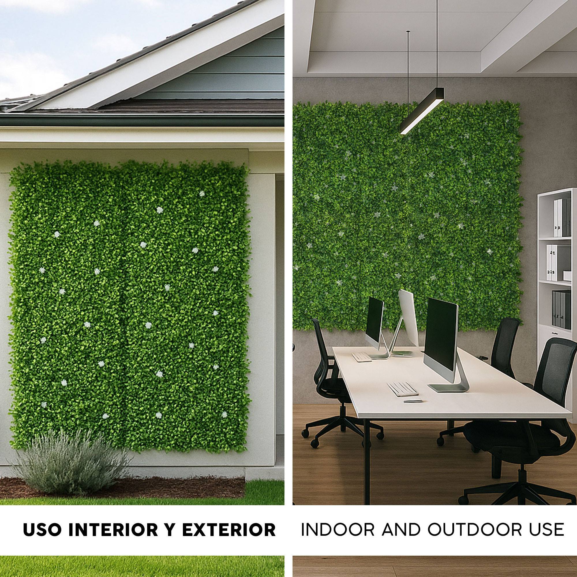 Well home jardín vertical artificial, panel de seto 100x100cm, para decoración interior y exterior - con hojas verdes y flores blancas