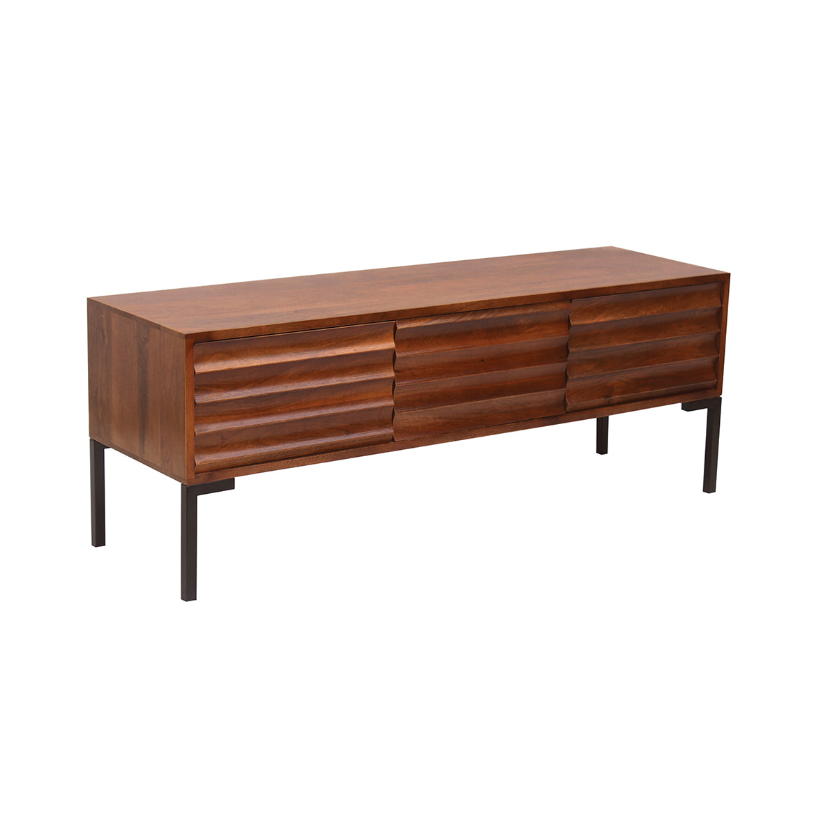 Meuble TV en bois foncé manguier massif et métal noir 3 portes L120 cm ONDA