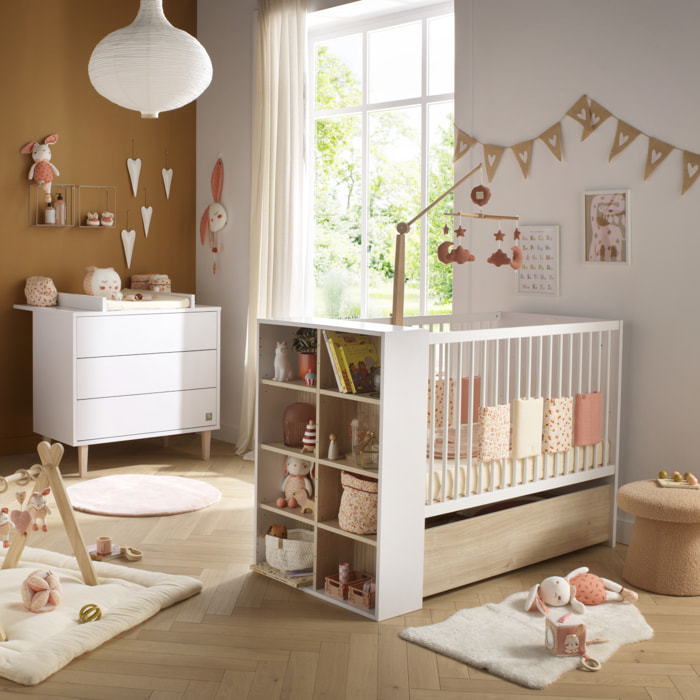 Chambre bébé évolutive Paloma, Lit 120x60 évolutif et Commode à langer 3 tiroirs - Chêne sépia