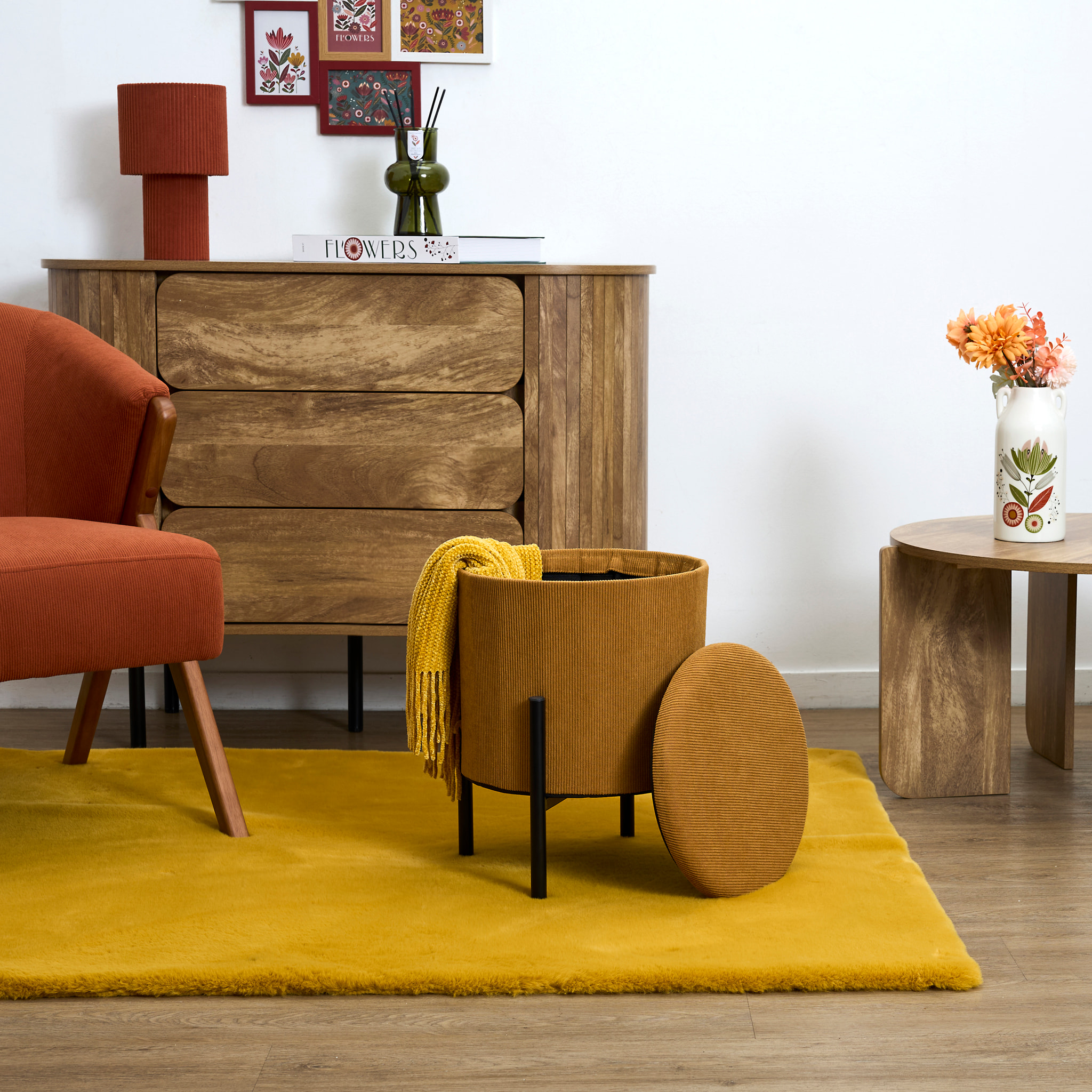 Lot de 4 Poufs - HOME DECO FACTORY - Jules - Rangement - Côtelé - Jaune
