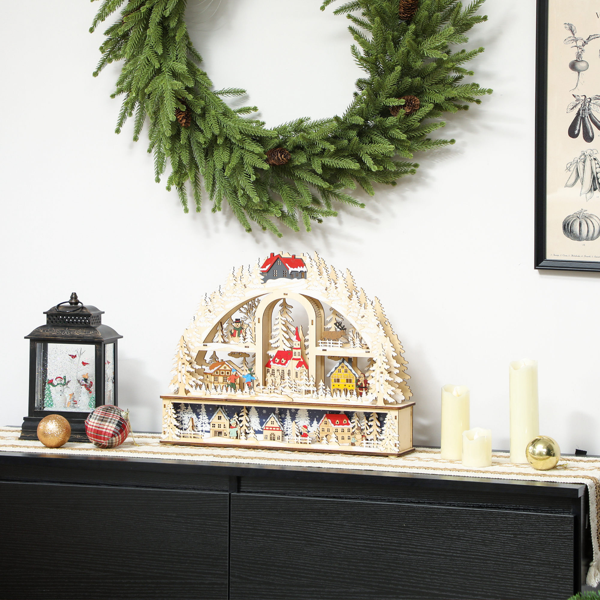 Village de Noël LED x 20 blanc chaud en bois - église, maisons, sapins enneigés, personnages