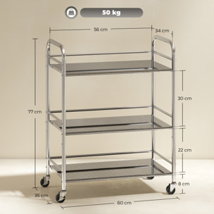 Carrito Auxiliar con Ruedas de Acero Inoxidable, Carro de Servicio de 3 Niveles con Estante Ajustable, 2 Ruedas con Freno, Carrito para Cocina, Restaurante, Hotel, 60x35x77 cm, Plata