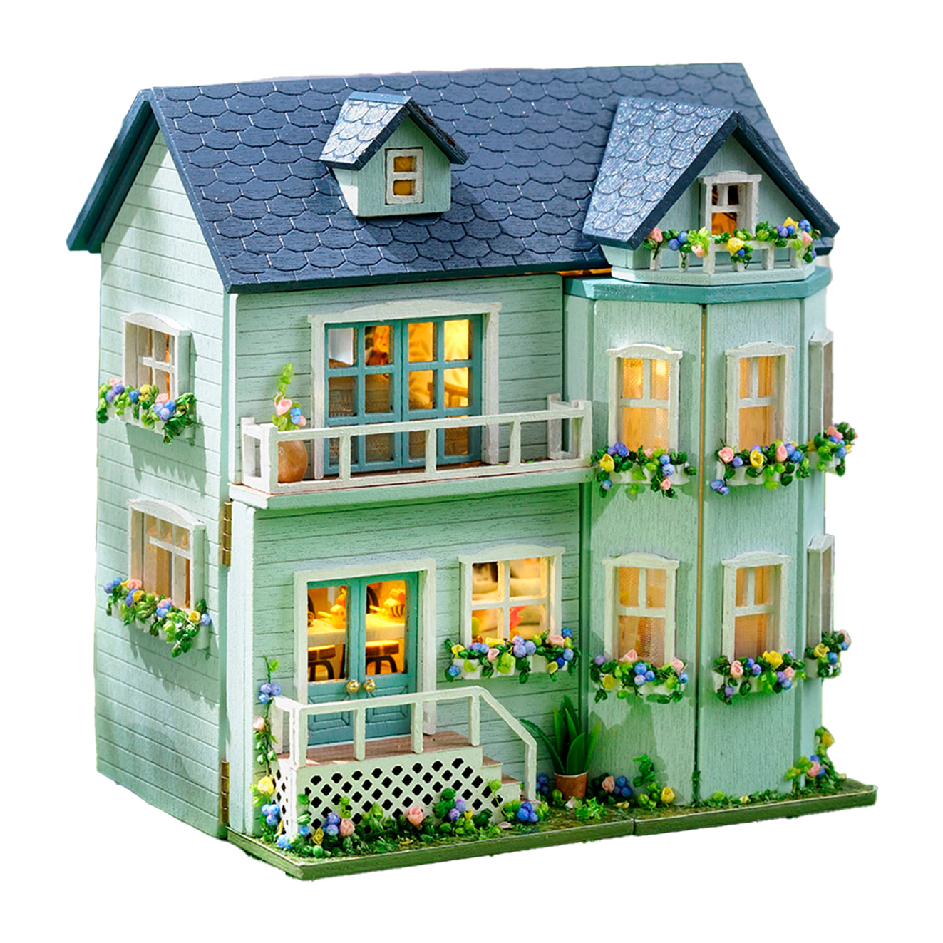 Mansión acogedora. Maqueta 3D con diseño de panel de puerta abierta, realista con gran detalle y luces led.