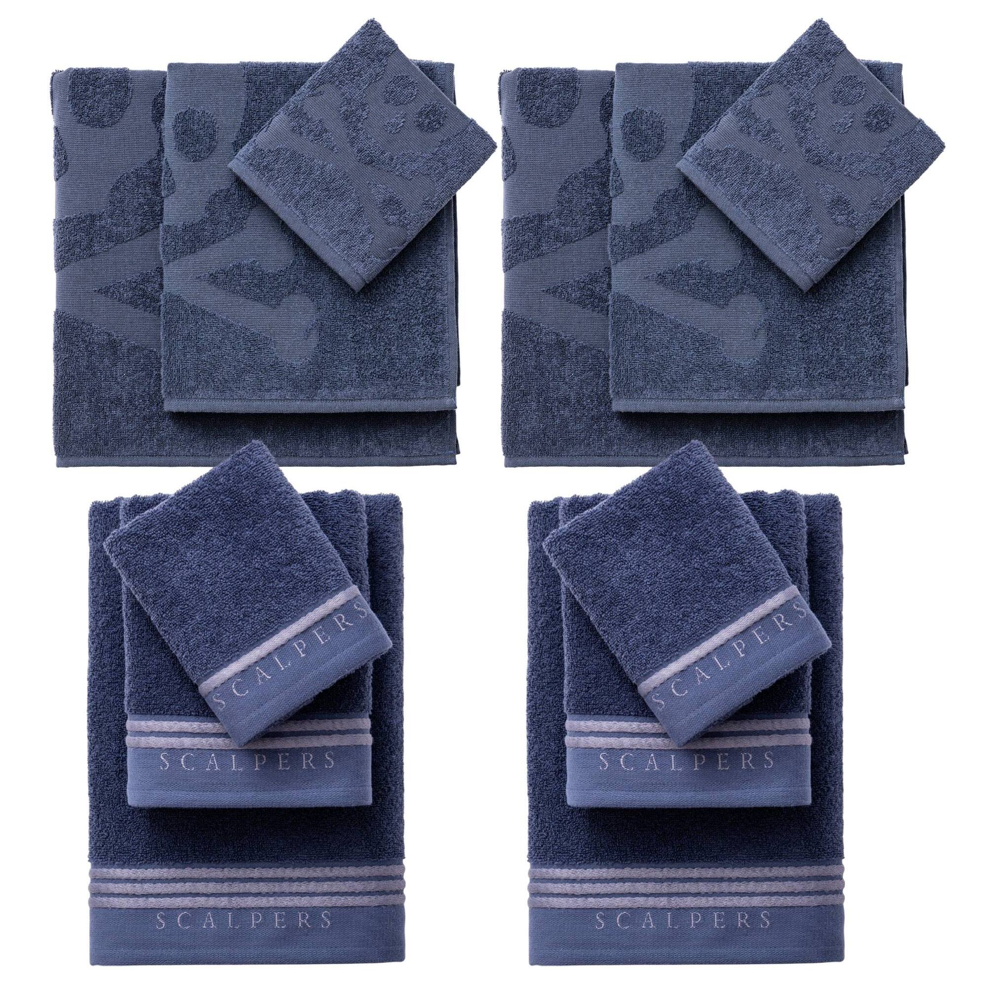 Juego de 4 sets de 3 toallas azul marino (4x tocador 30x50cm + 4x manos 50x90cm + 4x baño 70x140cm) 450gsm en algodón scalpers home