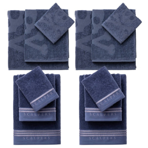 Juego de 4 sets de 3 toallas azul marino (4x tocador 30x50cm + 4x manos 50x90cm + 4x baño 70x140cm) 450gsm en algodón scalpers home