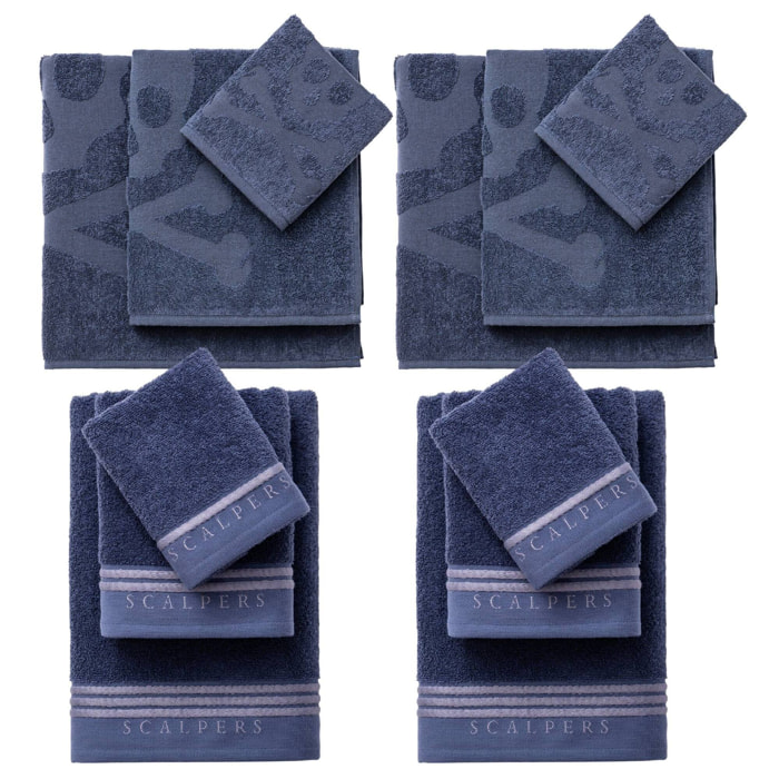Juego de 4 sets de 3 toallas azul marino (4x tocador 30x50cm + 4x manos 50x90cm + 4x baño 70x140cm) 450gsm en algodón scalpers home