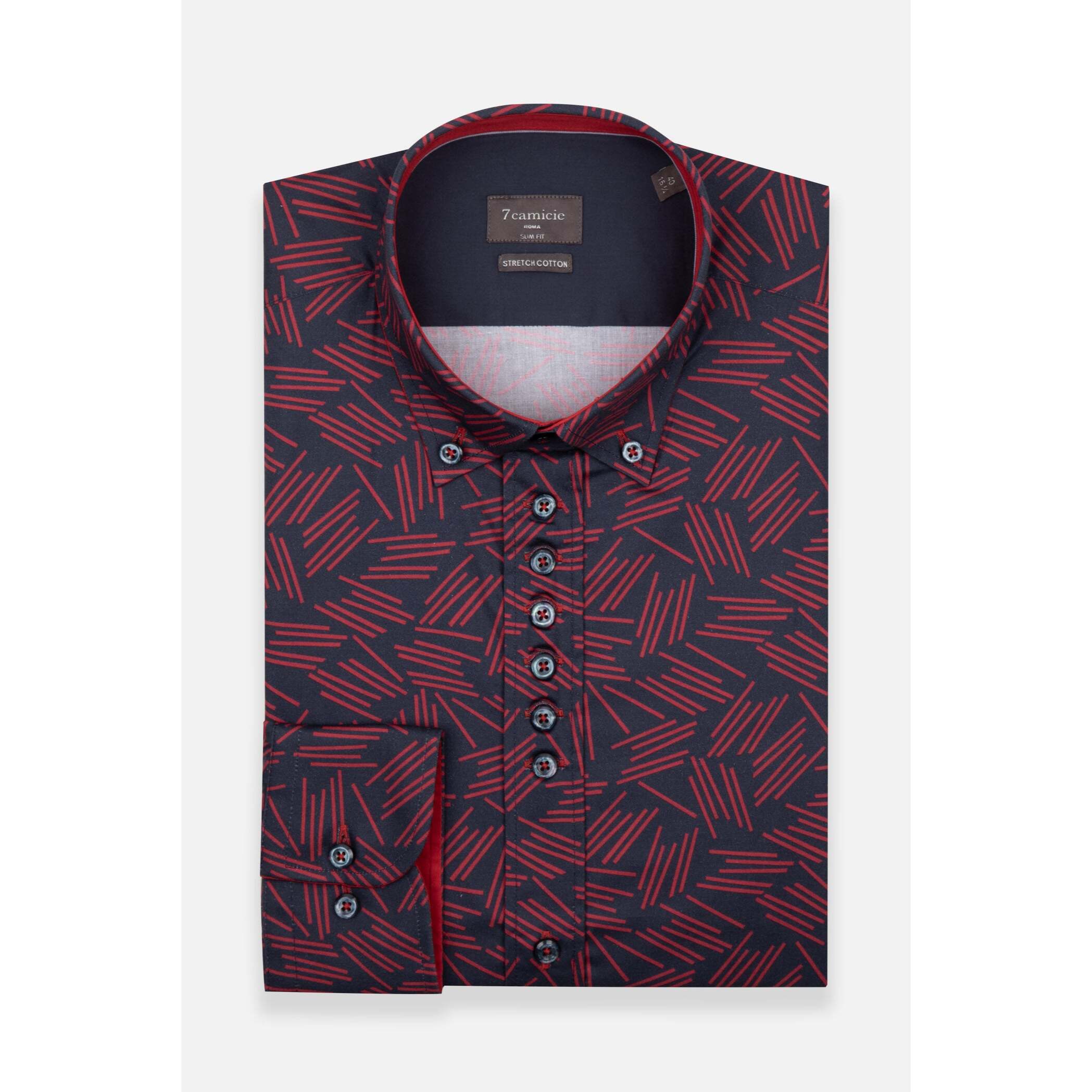 Camicia Uomo 1 Bottoni Button Down Slim Popeline Stretch Stampato Blu\Rosso