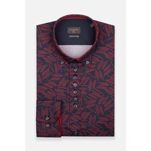 Camicia Uomo 1 Bottoni Button Down Slim Popeline Stretch Stampato Blu\Rosso